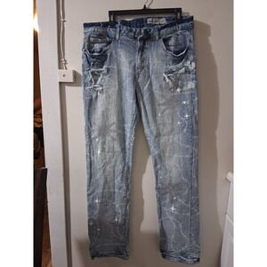 Smoke Rise Mens W36 Distressed Rhinestone Star Barbed Wire Light Wash Blue Jeans